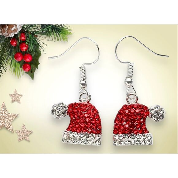 NWT Sparkling Bling Red Rhinestone Christmas Santa Hat Earrings - Picture 2 of 7